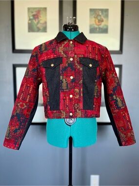 Handcrafted jean-style jacket, upcycled from secondhand denim/upholstery fabric